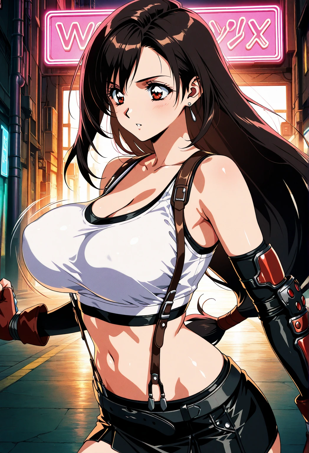 score_9, score_8_up, score_7_up, ,(from front.side_view ,soro focus,standing,,(arms up,arms behind head,),(mediumshot:1),looking_at_viewer ,1girl, tifa lockhart, final fantasy,(beautiful woman).,black hair, low-tied long hair, red eyes, bangs, white tank top, gap,belt, pleated skirt, thighhighs, elbow fingerless gloves, elbow pads, midriff, navel,suspender skirt.zettai ryouiki ,(large_breasts),(perky breasts;1,3),(light smile),,,Solo,,(daytime and beachside and city),(masterpeace),(best quality),aesthetic,very aesthetic,highly detailed,megami_magazine,professional lighting,cinematic lighting,