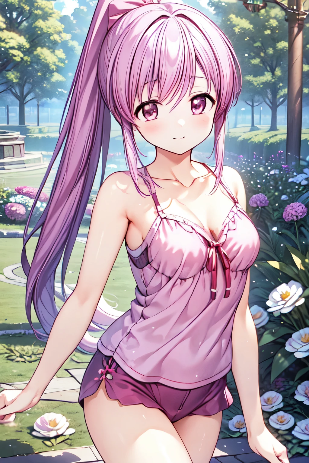 masterpiece , best quality , high resolution , Sense of unity,8k Wallpaper , shot from the front、standing、1 girl , solo、original_Otome、with deer closed、smile、camisole caught、pink hair、long hair、ponytail、 (masterpiece:1.2), best quality, high resolution, very detailed faces, perfect lighting, highly detailed CG、outdoor、garden