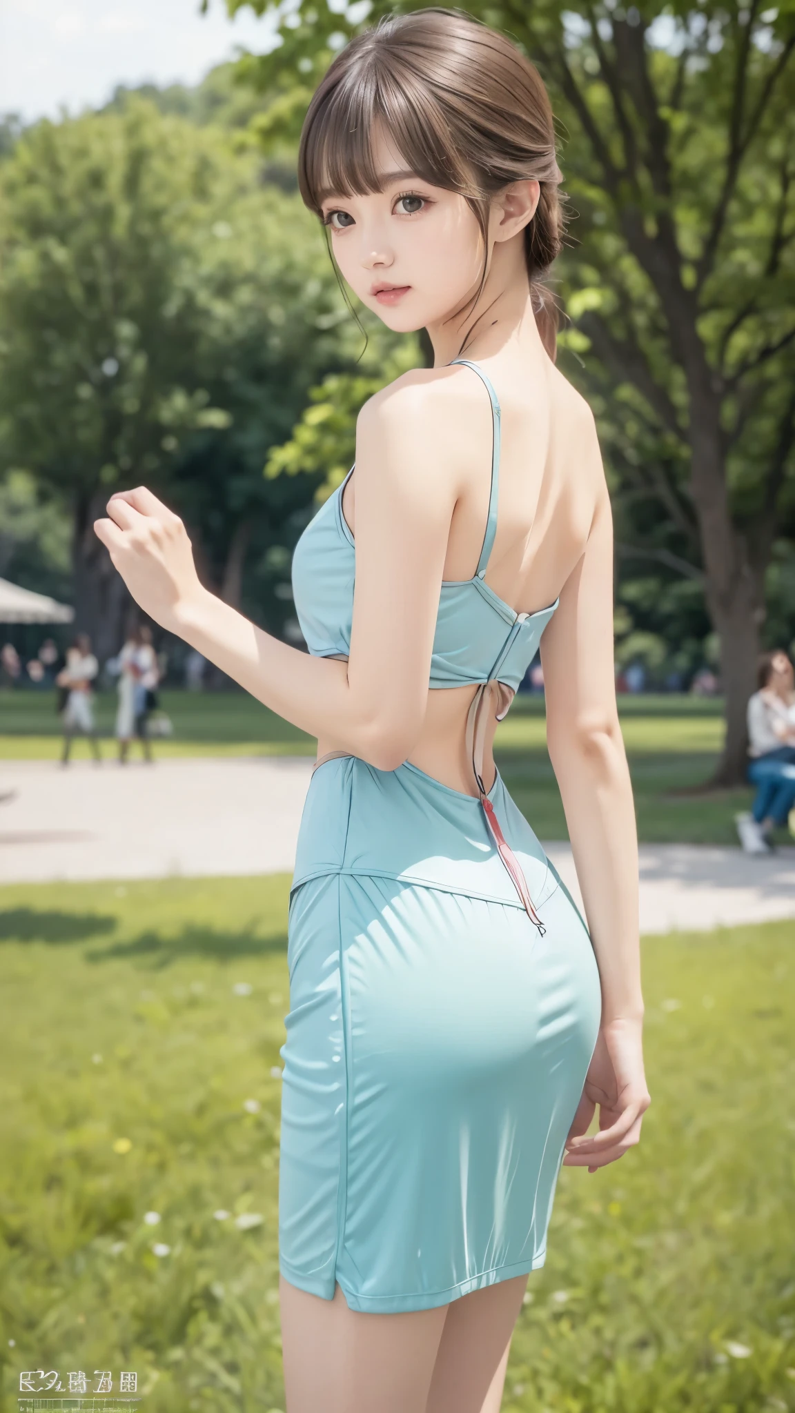 (best quality、best quality、8K、Row Pictures、realistic depiction)、(perfect and very thin waist highlighted)、( Beautiful Russian  )、(Posing in the park)、(more:1.3, perfect right hand:1.3)