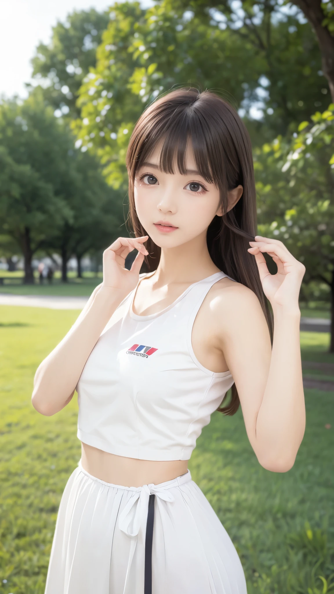 (best quality、best quality、8K、Row Pictures、realistic depiction)、(perfect and very thin waist highlighted)、( Beautiful Russian )、(Posing in the park)、(more:1.3, perfect right hand:1.3), (