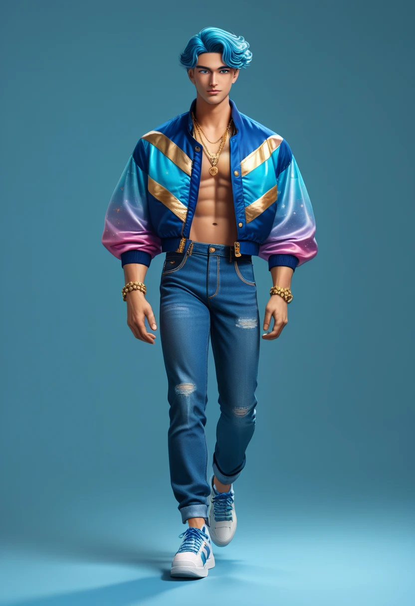 solo, 1boy, curly hair, denim jacket, white sneakers, beaded necklace, stud earrings, backpack, sunglasses, confident expression, dimpled smile, abs, pecs, wet skin, rolled-up sleeves, watch on wrist, colorful wristbands, carrying a skateboard, urban street background