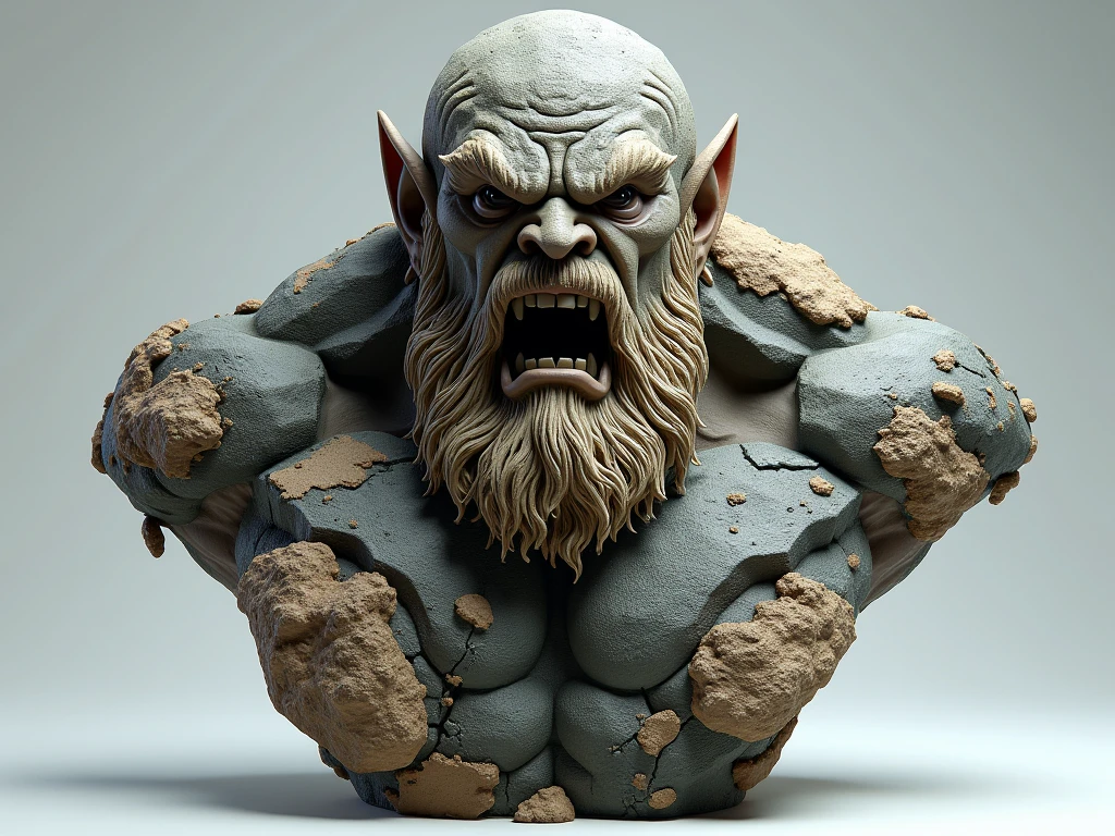 a stone bust sculpture of an orc with a pedestal, detailed facial features, intricate textures, dramatic lighting, gritty realism, chiaroscuro shading, muted earthy tones, cinematic composition, muscular powerful figure, menacing expression, stone carved surface details, ornate pedestal design, masterpiece, ultra-detailed, award-winning digital art
