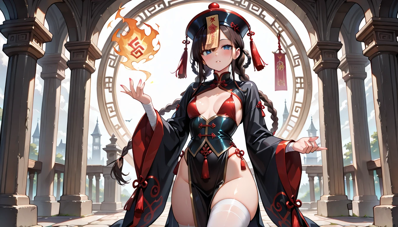 Adult woman, brown hair in bun, dragon horns, blue eyes, red chinese dress, cloak, spear, dragon, Gold inserts, red lipstick, Masterpiece, hiquality