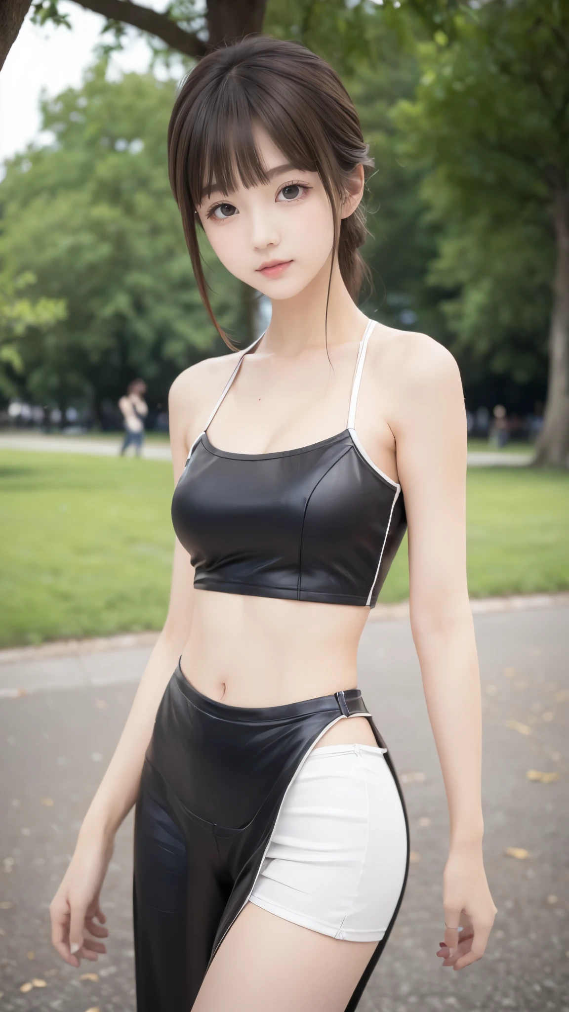 (best quality、best quality、8K、Row Pictures、realistic depiction)、(perfect and very thin waist highlighted)、( Beautiful Russian )、(Posing in the park)、(more:1.3, perfect right hand:1.3), (