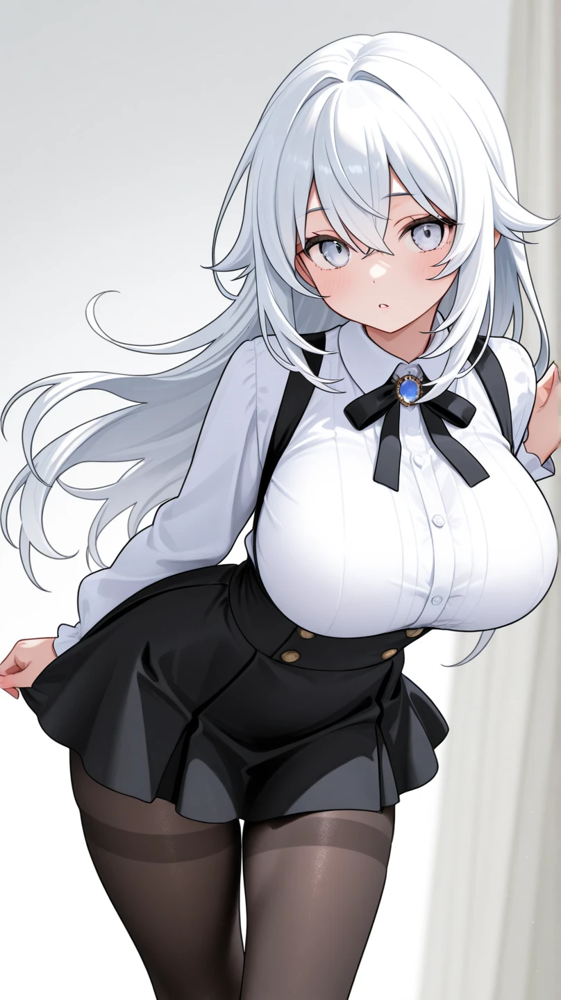 (solo), (416_GirlsFrontline), skinny girl, BREAK, (disproportionately huge breasts:1.5), bursting breasts, narrow shoulders, narrow waist, (skinny long legs), arms behind back, BREAK, (dark purple jacket), (flapping very short high-waist skirt), thigh gap, (black thighhighs), BREAK, smile for viewer, embarrassed, nose blush, (nsfw:0.7), slipping white panty, (pussy juice dripping down), (orgasm)