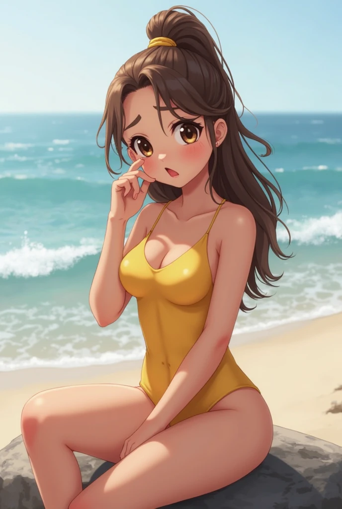masterpiece, best quality,8k wallpaper, pov from above,(kunikida hanamaru:0.999), (long hair:0.888), (breasts:0.878), (brown hair:0.875) ,(large breasts:1.0), (most beautiful micro bikini:1.2),golden ,glowing eyes, cowboy shot, sexy, ass, sexy pose, standing,showing her ass, embarrassed, blushing, sweating, beach,solo, from behind