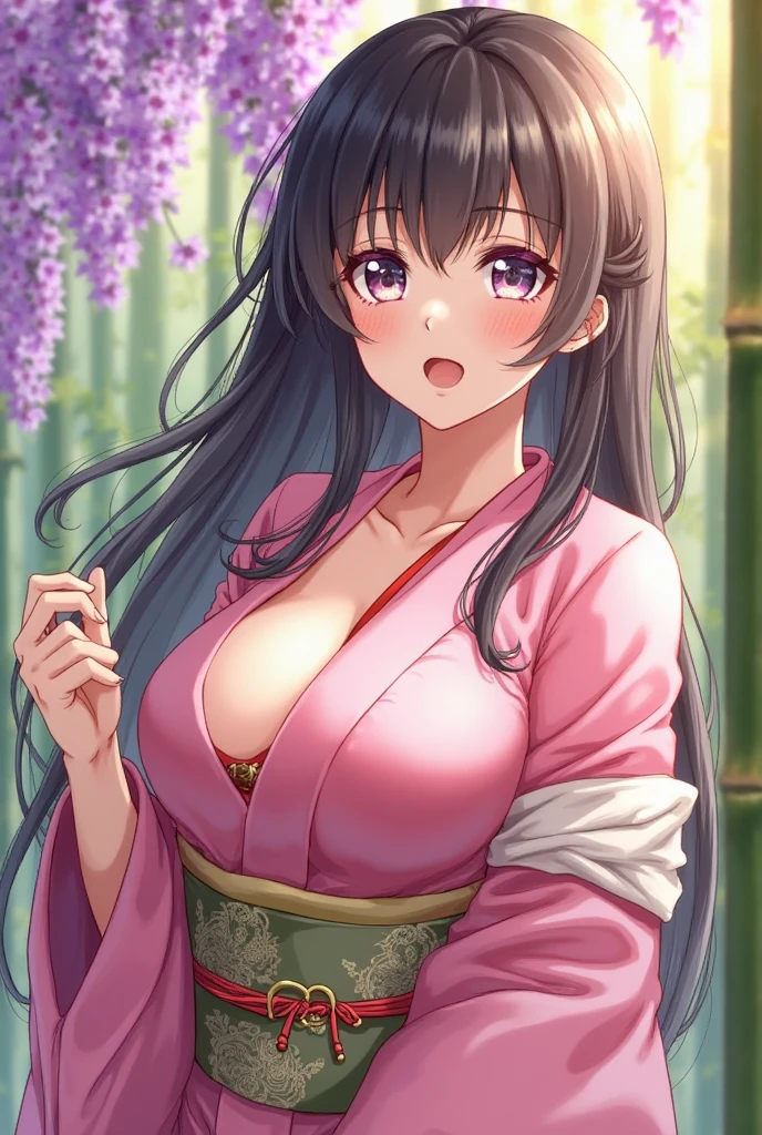 Masterpiece,Highest quality,8k,Ultra-high resolution,appropriate margins,Perfect hands,Perfect Fingers,Perfect human body,Perfect Eyes,((Cowboy Shot)),BREAK,Bright expression,(1 person),(The most beautiful woman),Slim body,((The most extraordinary breasts)),Cleavage,Moisturized Skin,Fair skin,BREAK,((Light purple hair)),Side part,Long Hair,BREAK,Thin eyebrows,BREAK,Black eyes,BREAK,(yukata),(Wearing a sash),BREAK,Make eye contact with your audience,He opened his mouth and grinned widely.,festival