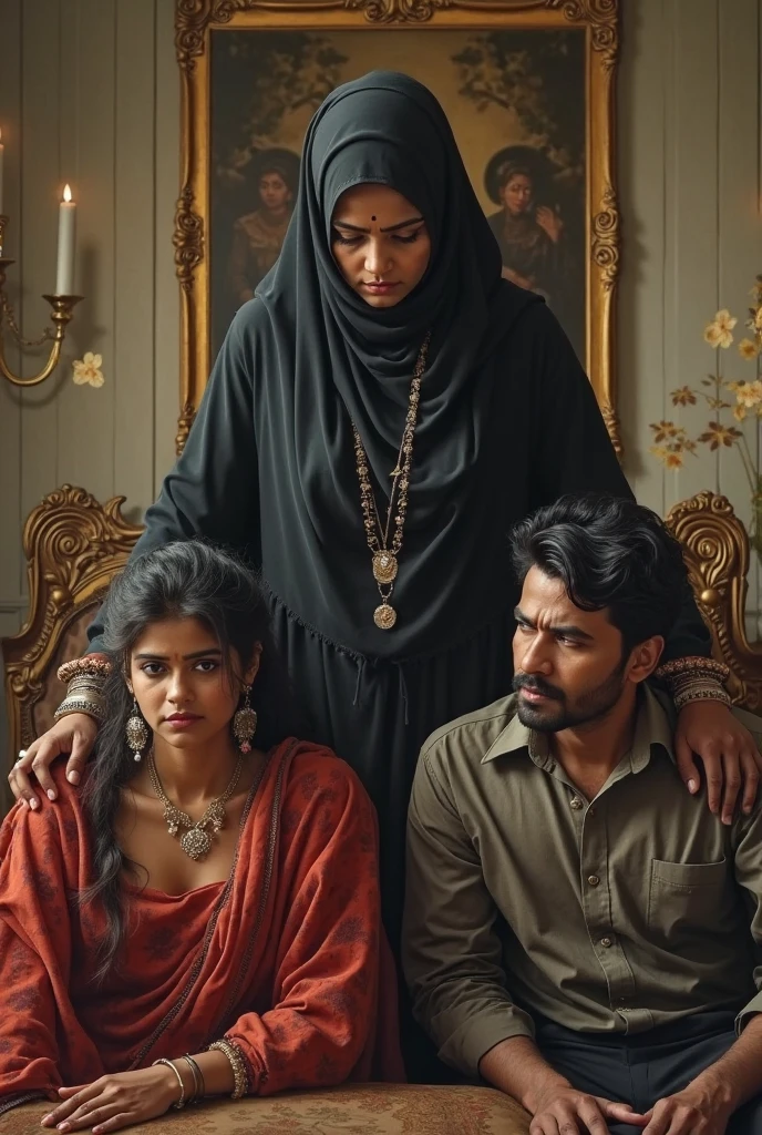 An image of Putri Kantil and Putri Mawar in traditional attire, showing disapproval and skepticism towards Joko Kendil. Joko Kendil, a short and chubby young man (130 cm, 70 kg) with curly hair and dressed with his chest bare, stands with a modest expression. Putri Kantil and Putri Mawar are shown with critical looks, reflecting their lack of support. The background features a palace setting, highlighting the contrast between their attitudes and Joko’s presence. The image should be detailed, 8K resolution, and UHD.