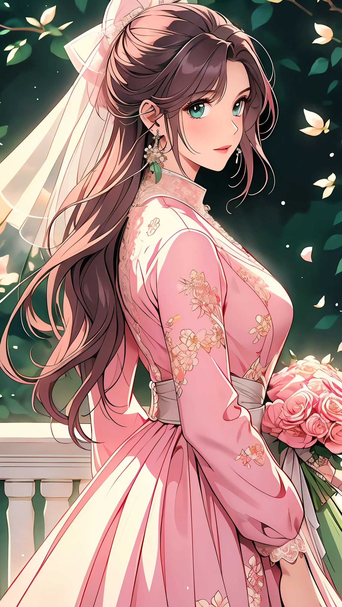 (masterpiece, best quality, best quality, Official Art, Beautiful aesthetic:1.2), green eyes, (best quality, masterpiece painting:1.3), Immature woman, , (bust), masterpiece, ultra high resolution, (((wedding veil, lace trim dress, transparent, Wedding Dress, Outdoors, White Rose, (long sleeve:1.2), Pink Bow,))), Decorative panel, Abstract art, (taken from a side angle), (photorealistic:1.0), ((pale pink hair)), straight hair , beautiful and shiny hair, white radiant skin , painterry, sketch, texture, ultra high resolution, solo, beautiful woman in silya room, very detailed, (fractal art:1.1), (colorful:1.1), (Floral:1.6), most detailed, ( zentangle :1.2), (dynamic pose with well-shaped nipples), (abstract background:1.3), (shiny skin under clothing), (Many colors:0.8), (earrings:1.4), (feather:0.9), Taisho Romance,