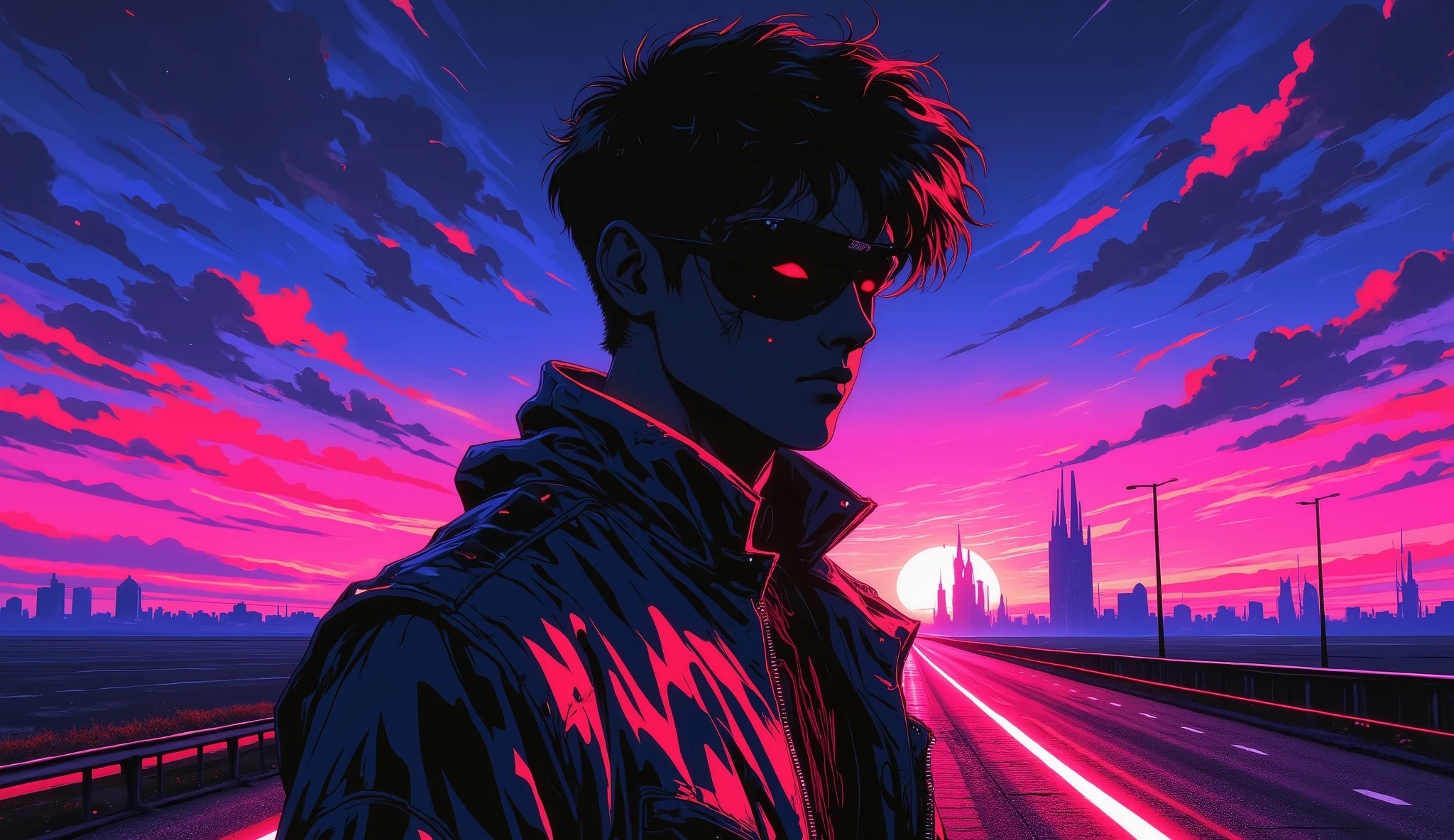 hombre wearing a jacket from the 80s, On a highway at night, Estilo Synthwave, retro