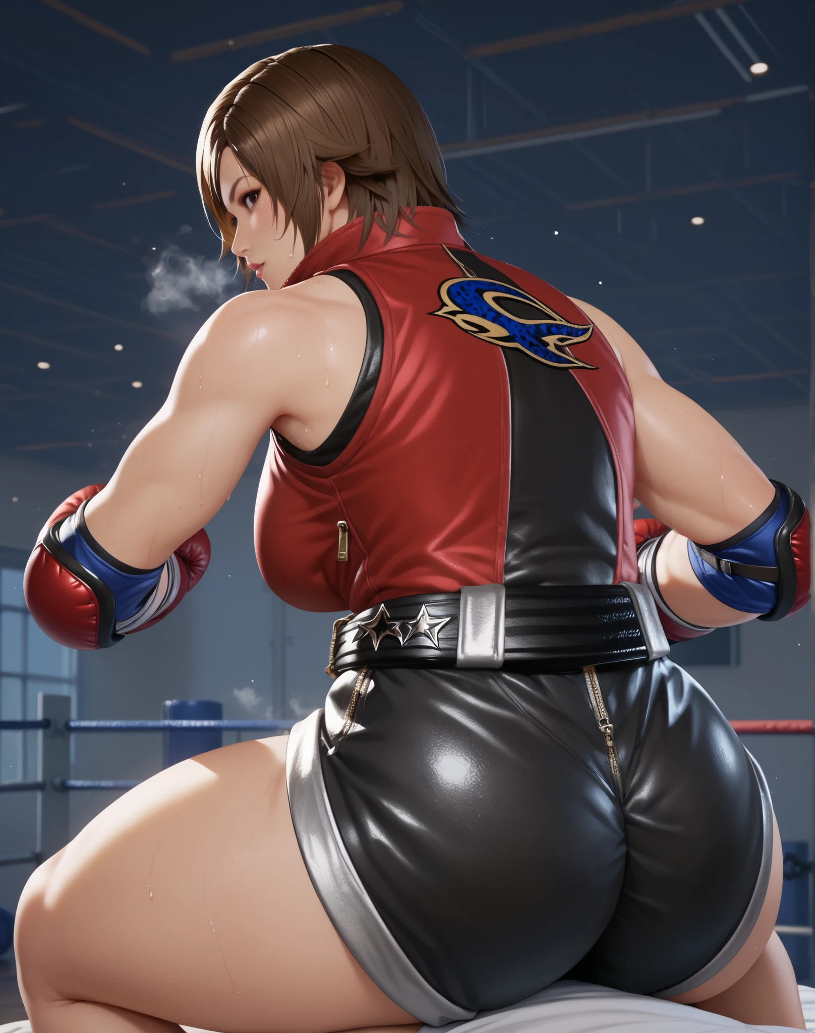 Score_9, Score_8_up, Score_7_up, Score_6_up, Score_5_up, Score_4_up, Source_anime, Tag1, Tag2, Best quality, High quality, Detailed, High resolution, 8k, Ultra high res, Soft saturation, Professional quality, Perfect contrast, Perfect litthing, Anatomically correct, big breasts, Wide hips, big butt, Thick thighs, Sensual woman, mature female, seductive, gym, steam fog, sweat, sensual eyes, bed, steam, breath, looking, voluptuous body, female, pov, face focus, fully clothed, Asuka_Kazama, Asuka Kazama (Character), Tekken, black jumpsuit, sleeveless, Red sports bra, collarbone, navel, stomach, unzipped, belt, boxing gloves, elbow gloves, red elbow pads, short shorts, Black-red boots, shin guardst, black eyes