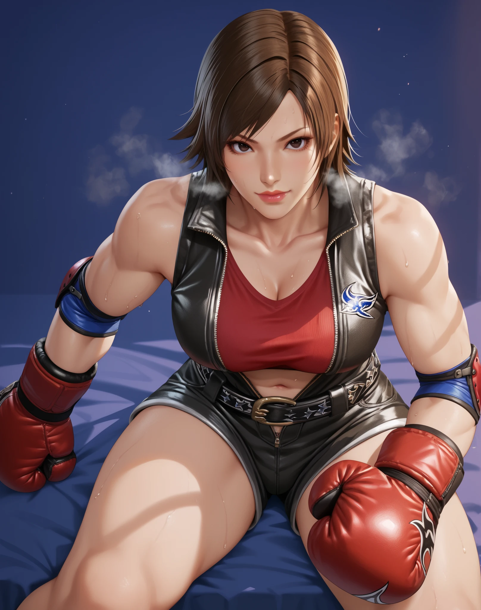 Score_9, Score_8_up, Score_7_up, Score_6_up, Score_5_up, Score_4_up, Source_anime, Tag1, Tag2, Best quality, High quality, Detailed, High resolution, 8k, Ultra high res, Soft saturation, Professional quality, Perfect contrast, Perfect litthing, Anatomically correct, big breasts, Wide hips, big butt, Thick thighs, Sensual woman, mature female, seductive, gym, steam fog, sweat, sensual eyes, bed, steam, breath, looking, voluptuous body, female, pov, face focus, fully clothed, Asuka_Kazama, Asuka Kazama (Character), Tekken, black jumpsuit, sleeveless, Red sports bra, collarbone, navel, stomach, unzipped, belt, boxing gloves, elbow gloves, red elbow pads, short shorts, Black-red boots, shin guardst, black eyes
