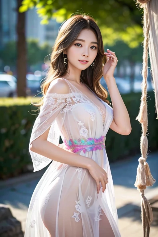  （masterpiece、Highest quality、Absurd、HD、High fidelity、vivid 、high resolution, High definition,High Resolution, RAW quality）, （One Japanese woman, 20th Generation）, （A dreamy face, Incredibly beautiful and elegant、beautiful, cute）, （(Chestnut Hair:1.5), Shiny hair quality, Wavy semi-long hair, ）, （Brown eyes）, （Big Boobs, valley）, （Perfect proportions, Curvaceous, Sexy pose）, BREAK　((A sheer, see-through dress、mini skirt、胸のvalley, ))、(( The wind is blowing,  ,  )),  ( 、 、), 、Summer sunshine、