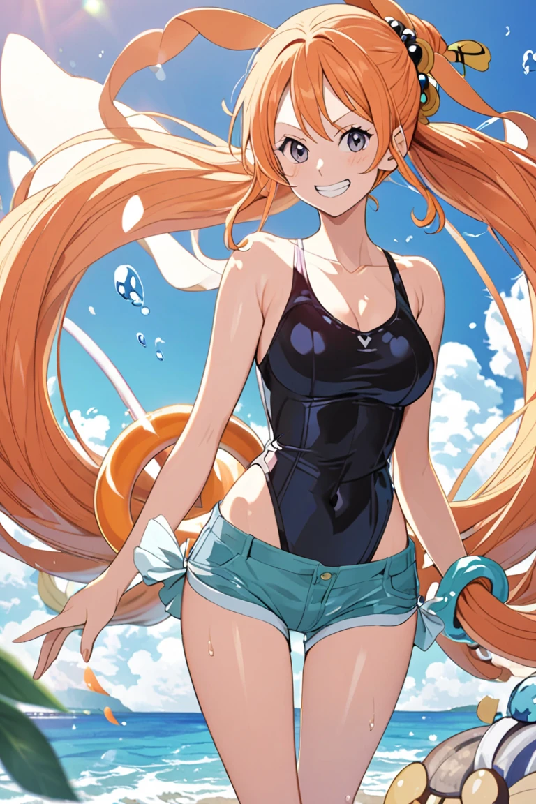 Gere uma imagem realista no estilo anime de Nami de One Piece rosto perfeito e detalhado olhos castanhos de costas mostrando a ass. Capture your distinctive appearance with orange hair,  and a joyful expression. Certifique-se de que a imagem reflete sua personalidade aventureira e confiante, como mostrado no anime.., corpo completo, Plano amplo , Fundo navio pirata, saia, olhos laranja, olhos laranja, axilas, 8k, HDR, imagem maximo detalhada, Ultra HD, studio lighting, pintura ultrafina, sharp focus,Nami Rosto, olho nami, arms behind the back, ( fundo do navio pirata) (melhor qualidade, 4k, 8k, high resolution, obra de arte:1.2)