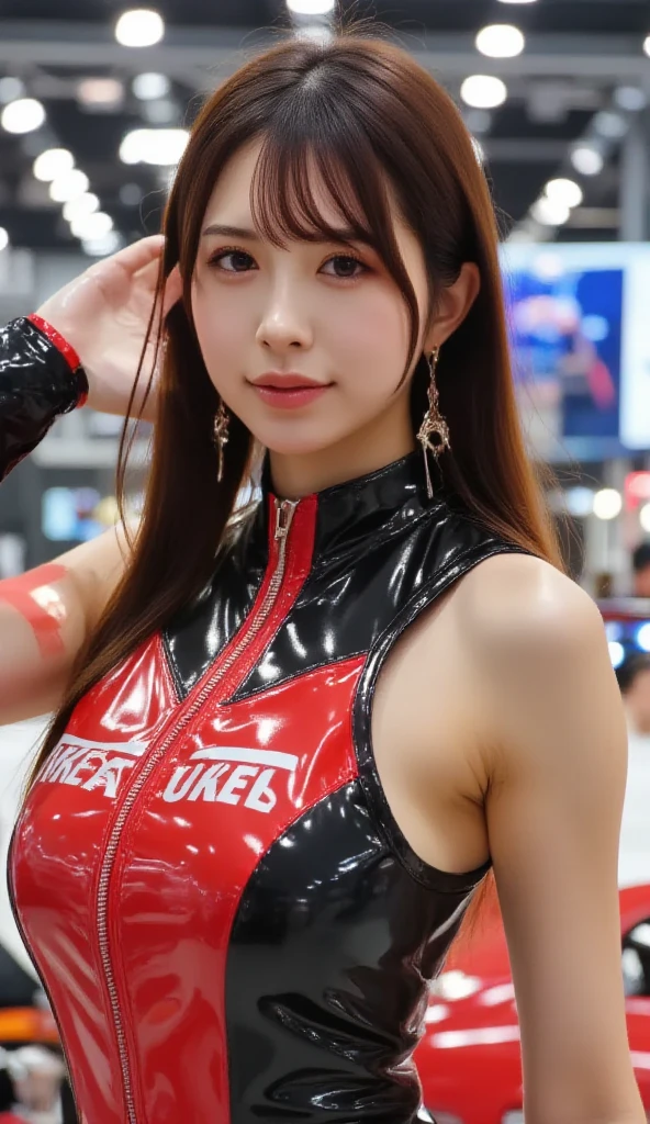 (masterpiece), ((red&black Racing girl costume)), whole body, Highest quality, Highest quality, detailed, 非常にdetailedな_eye, sexy,chest, Beautiful Hands, Beautiful feet,(eyeliner:0.5),(blush:0.5), Jet Black Hair、A light smile, Fingernails, masterpiece, Highest quality, detailedな肌の質感, detailedな布の質感, 複雑なdetailed, 超detailed, ((Super GT Event)), Random Pause, (Circuit Background), Bottom Angle, Front view, From below, (Highest quality, High resolution, Realistic, original, 8k,masterpiece, ),Highest quality, masterpiece8k. Wallpapers HDR. High Rib:1.2, Film Grain, Blurred Bokeh:1.2, Lens flare, (Bright colors:1.2), (delicate),((Grid girl costume made of shiny enamel material))、((Costumes with sponsor logos:1.3))、((Exposed Skin:1.4))、((Very short, tight fitting shorts))、((Standing in front of a supercar))、motor Show、