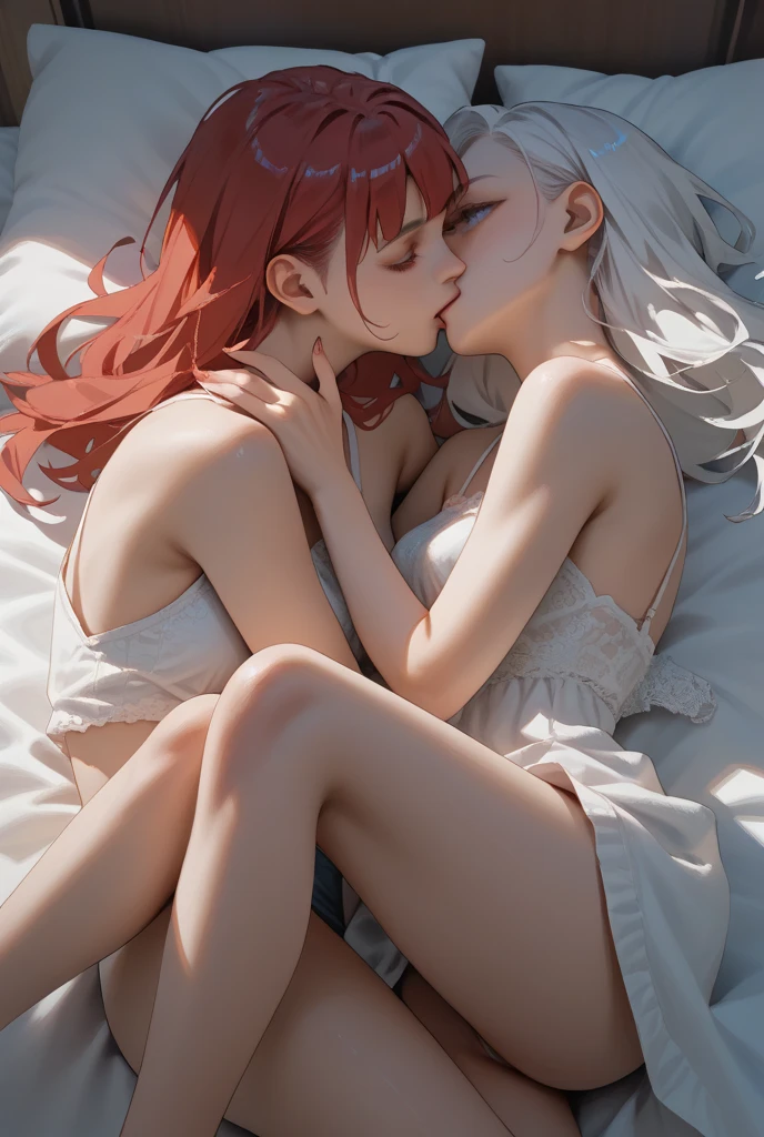 (masterpiece),(highest quality:1.1),(super detailed),best illustrations, (1 girl:1.3)、((two women licking each other's genitals))、Thretta Mail、tall、((nude、beautiful breasts、beautiful areola))、((redhead、Ahoge、blue eyes))、Mioline Remblanc, small breasts、Asticasia , expression of embarrassment、alone, long hair, gray eyes, gray hair, Ahoge, bangs, hair between eyes、((lily、lesbian、sex))、Bed