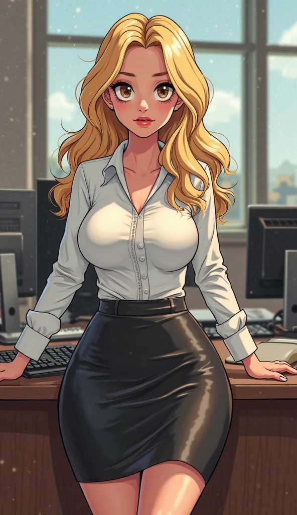 Best quality, solo mature woman, giant breasts, giant ass, very curvy, dark skin, blonde curly hair, pink eyes, full lips, seductive, smiling, tight office uniform, pencil skirt, exposed cleavage
