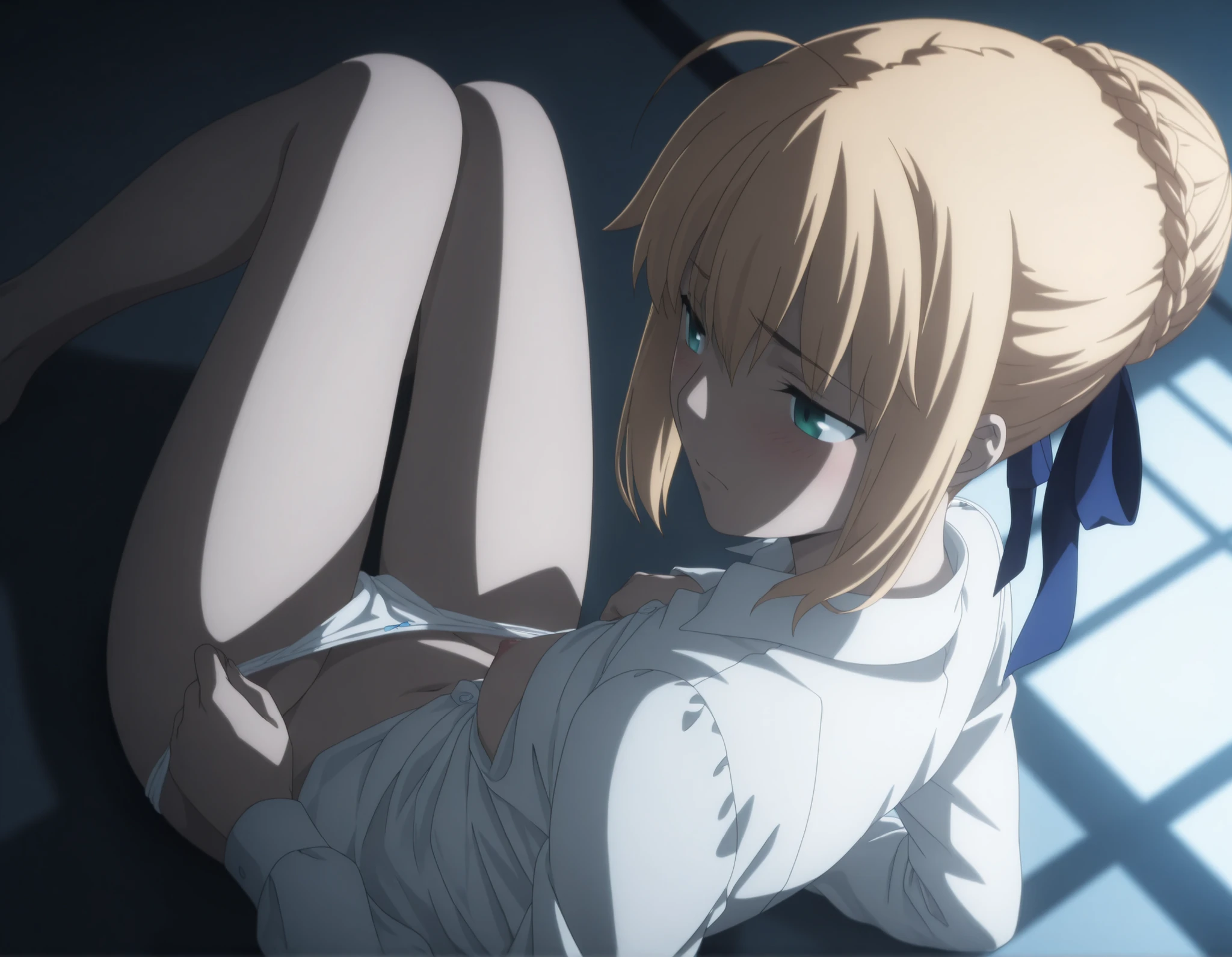 masterpiece, best quality, amazing quality, highres, absurdres, very aesthetic, high resolution, ultra detailed, perfect details, midnight, , indoors, ufotable style, ((from above, from back)), blue hour, backlight,
1girl, ufotable style, anime style, (anime coloring:1.5), (anime screencap:1.2) ,(aged up),
girl, mature, slim body, slender body, ,artoria pendragon (fate), saber (fate), blonde hair, green eyes, (half-closed eyes), ahoge, hair ribbon, blue ribbon, french braid, braided bun, single hair bun, short hair, sidelocks ,pale skin , , fetal position, sitting, , (knees to chest), long legs,
(show off nipple), undress open white shirt, undress collared shirt, pussy, white satin panties pull, (small breasts), (looking back), (embarrassed), ,