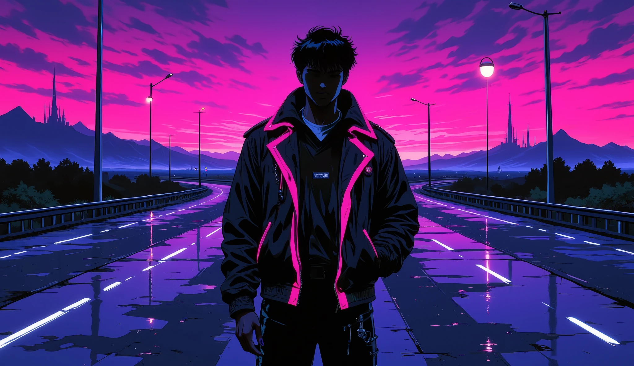 hombre wearing a jacket from the 80s, On a highway at night, Estilo Synthwave, retro