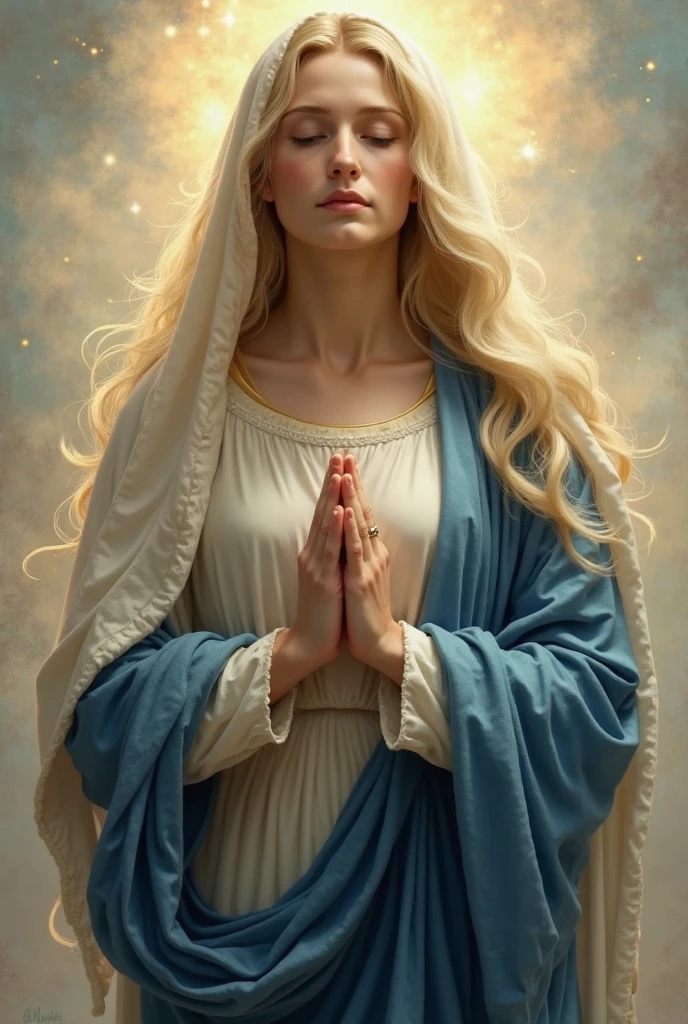 Beautiful young Virgin Mary with open arms looking down at the camera、(((Naked beneath the light blue cloak and veil:1.5)))