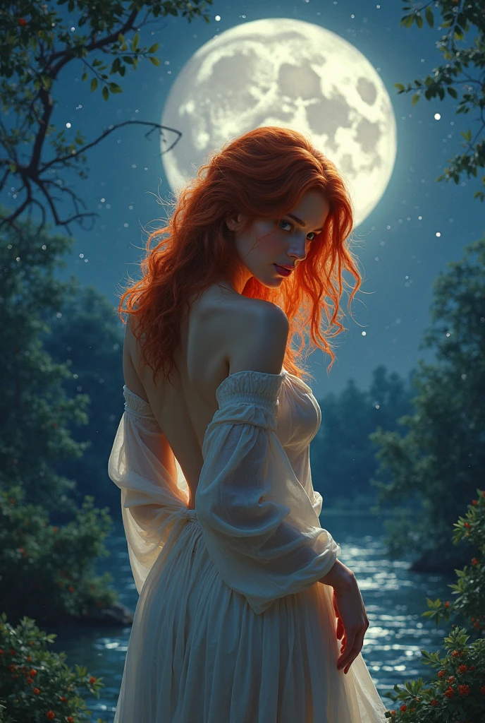 Young girl, nipples nude, (red very long large hair), Full moon sky, aple red ,Holy! 8k, highlights, perfect,white roses!white roses, realista , sexy nude! Campfire, floresta!
