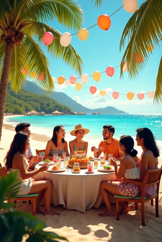 SFW scene of a pool party with blue water, beautiful lawn, strong sun, tables with colorful umbrellas, beach chairs and sun loungers with people lying down wearing swimwear and sunbathing, some people are having tropical drinks, plastic floats inside the pool colorful, in the water children playing with floats, and in the background of the scene a person is preparing a barbecue on a barbecue and at this moment, he is placing a piece of barbecue next to the salad on a pretty girl's plate