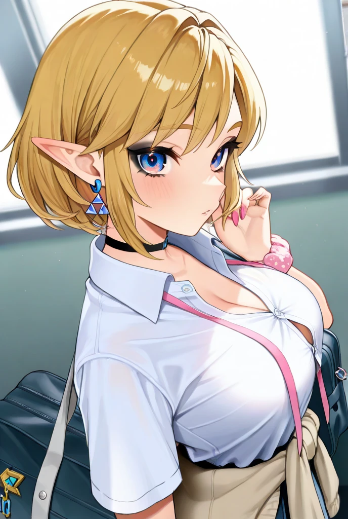 (Cowboy Shot、Very close)、((Focus on the upper body))、(((16K、masterpiece、High resolution、High resolution)))、1 young elven girl))、((Beautiful blonde))、short hair、((Beautiful Blue Eyes))、((Pointy Ears))、、Smiling Kindly、Grin、blush、Pink Lip Gloss,((A tight fitting pure white nurse uniform))、((Hospital room))、((Hold documents))、((Look up at me))