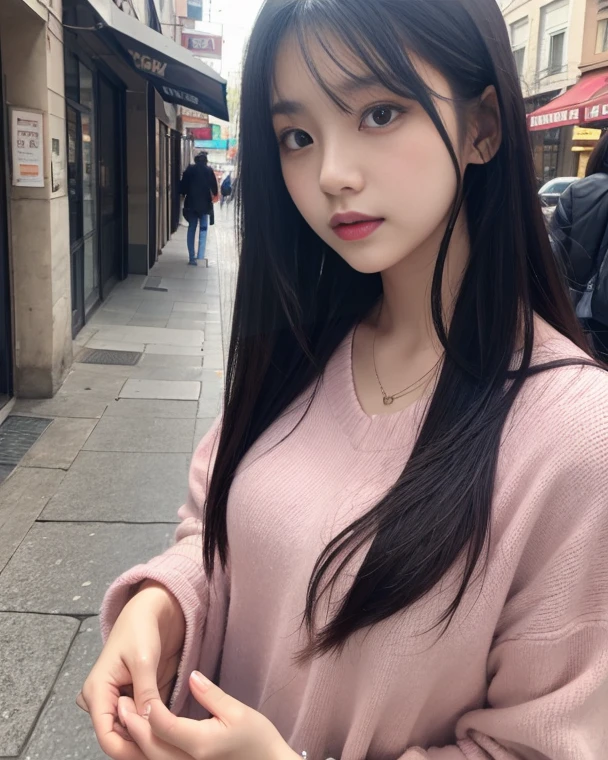  ,1 girl, solo,, black hair, comma hair, forehead comma hair, korean hair, street style, Purple hoodie, shiny, Red eyes, looking at viewer, upper body, shy face
