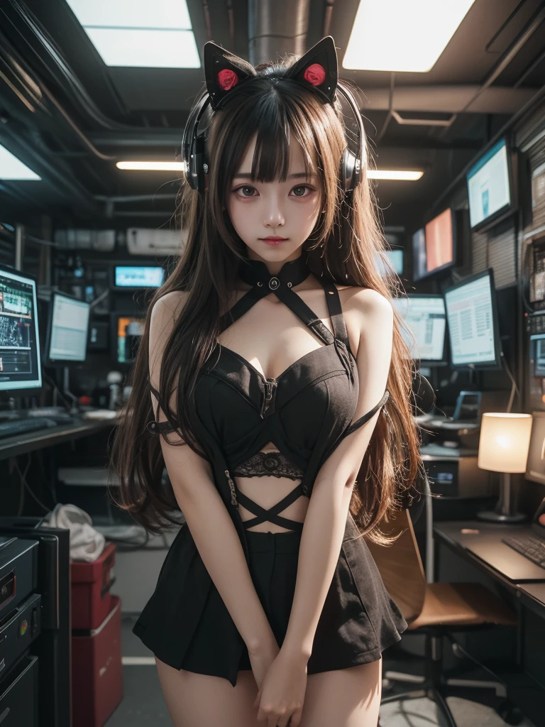 masterpiece, Highest quality, Very detailed, Japaese アンDroid girl,Portraiture,Plump,Slightly thicker,Control panel,アンDroid,Droid,Mechanical Hand, robotの腕と脚, Black Hair,Blunt bangs,perfect robot girl,Long tube,A thick cable was attached to her neck.,アンDroid,robot,humanoid,cyborg,japanese cyborg girl ,robot-assembly plant,She is now assembling,Assembly scene,Wearing a helmet,