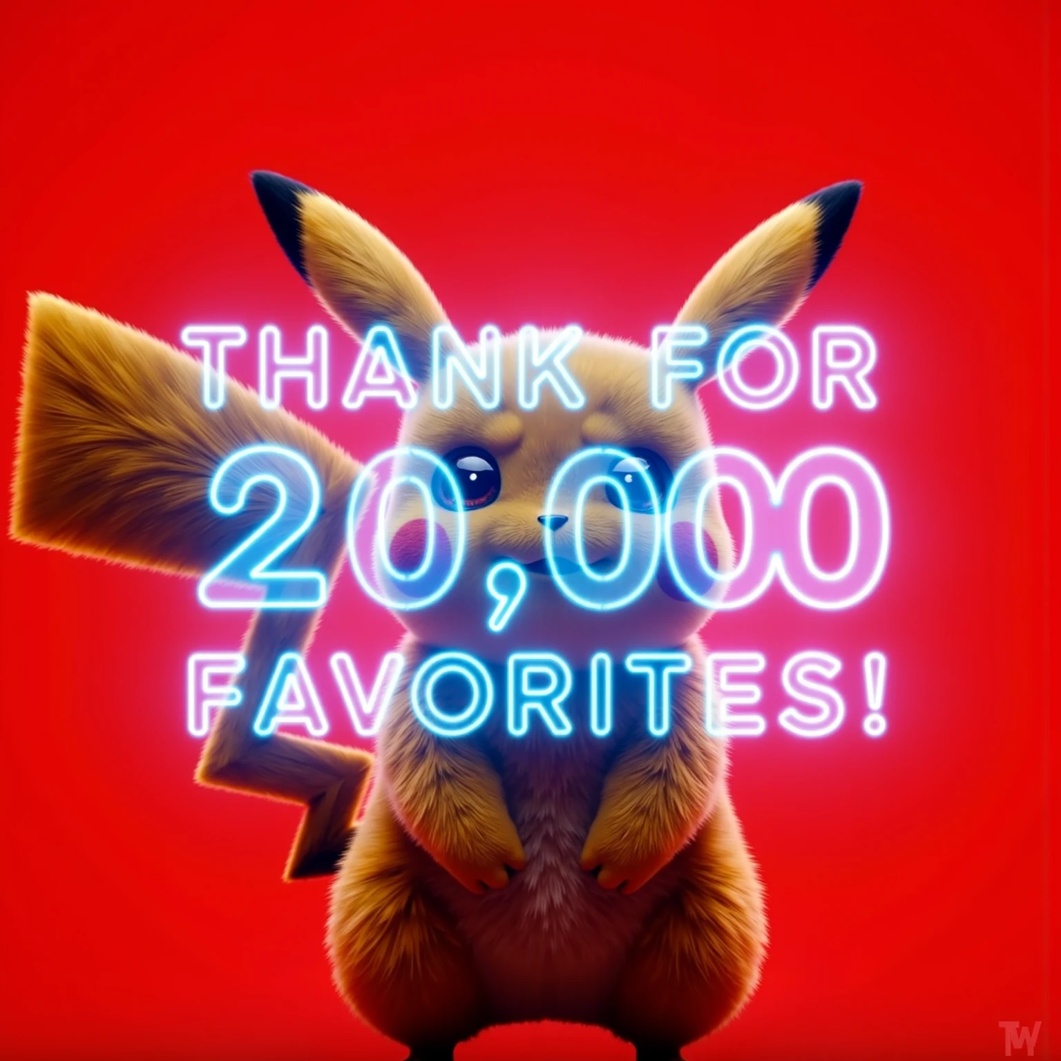 (((article, "Thank you for 20K favorite ", Add text"Thank you 20K favorite", hologram huge font,))) ,
realistic photo of pikachu,red background