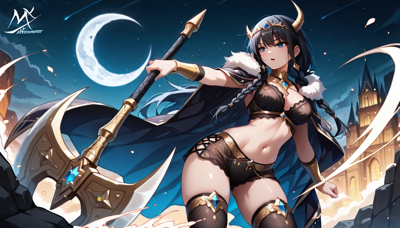 8k_wallpaper, extremely detailed eyes, extremely detailed body, (large masterpiece digital art), (detailed manga illustration), (detailed line art), ((perfect anatomy)), (intricate details:1.3), (ultra-detailed:1.3), (illustration:1.3), (sharp focus:1.3), (natural lighting:1.05), (vivid colors:1.3), (masterpiece), (best quality:1.4), (perfect anatomy:1.4), high quality, expressive eyes, full body, detailed face, beautiful face, perfect face, 1girl, dark skin, animal ears, black sclera, smile, colored sclera, breasts, solo, monster girl, black hair, (wolf ears), large breasts, curvy, wide hips, long hair, ((gold eyes)), claws, grin, fur, collar, dynamic pose, tail, wolf tail, horns, dragon horns, wings, sadistic smile, hair over eye, regal outfit, formal, (castle background), blue fire