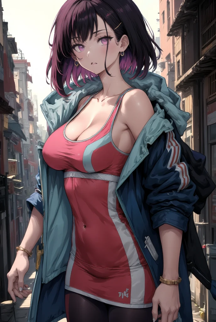 awesome details, perfect face, expressive eyes, full body, large breasts, fit thighs, very long ponytail, purple eyes, dark crimson hair, sport top, open jumpsuit, tight sport shorts, cleavage,