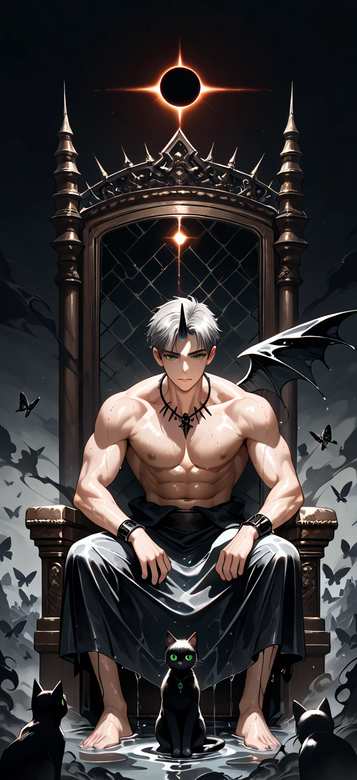 homen,strong muscles, White hair, best qualityer,open chest vest, blue and black clothes, Dragon Wings, black cloth on face, silver cross chain around neck, fedora hat with blue horns