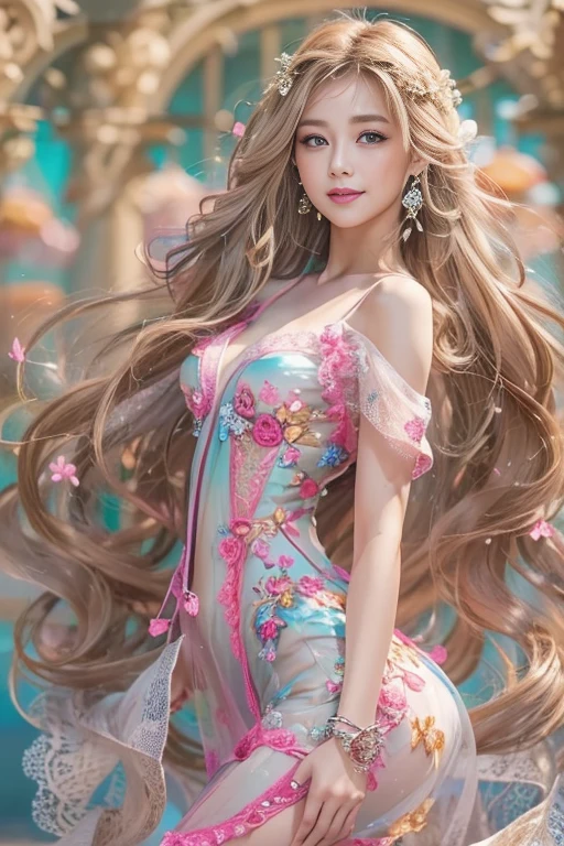 Detailed clear elaborated features close up, Realistic Female with crystal eyes, slim hourglass body with big breasts bending forward exposing cleavage, accentuating her butt, long blonde hair, wearing long multi flared fantasy dress exposing her long legs, wearing high pink heels, bending
Background containing multi cherry blossoms near a lake full of lights and flowers