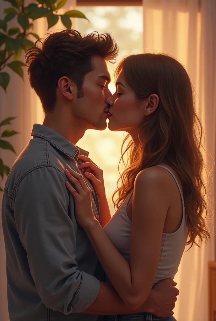 A cute girl with medium hair french kissing her 13 year oldiend