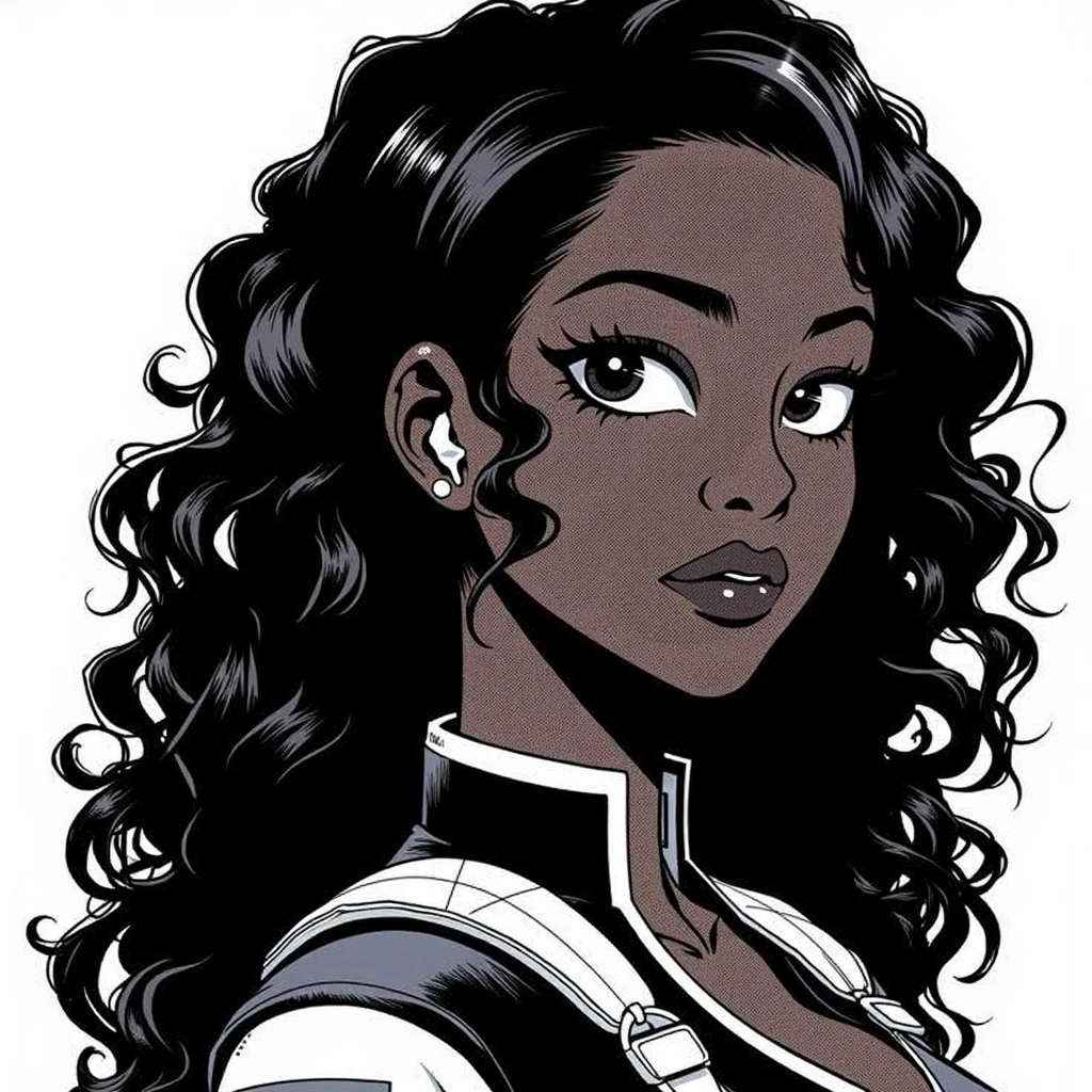 Generate a black and white vector of an afro-descendant woman with brown skin, with shoulder-length black curly hair, with the profession of confectioner for brand logo