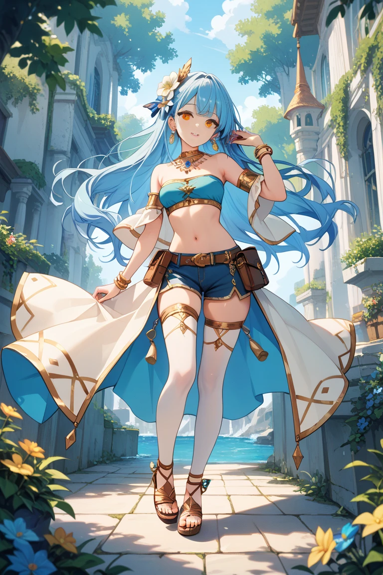 masterpiece, realistic, best quality, dana iclucia, hair ornament, blue crop top, underboob, ribbon, detached sleeves, blue skirt, see-through, boots, standing, arms raised in the air, temple ruins, sky, mysterious blue glow <lora:dana-nvwls-v2:0.9>