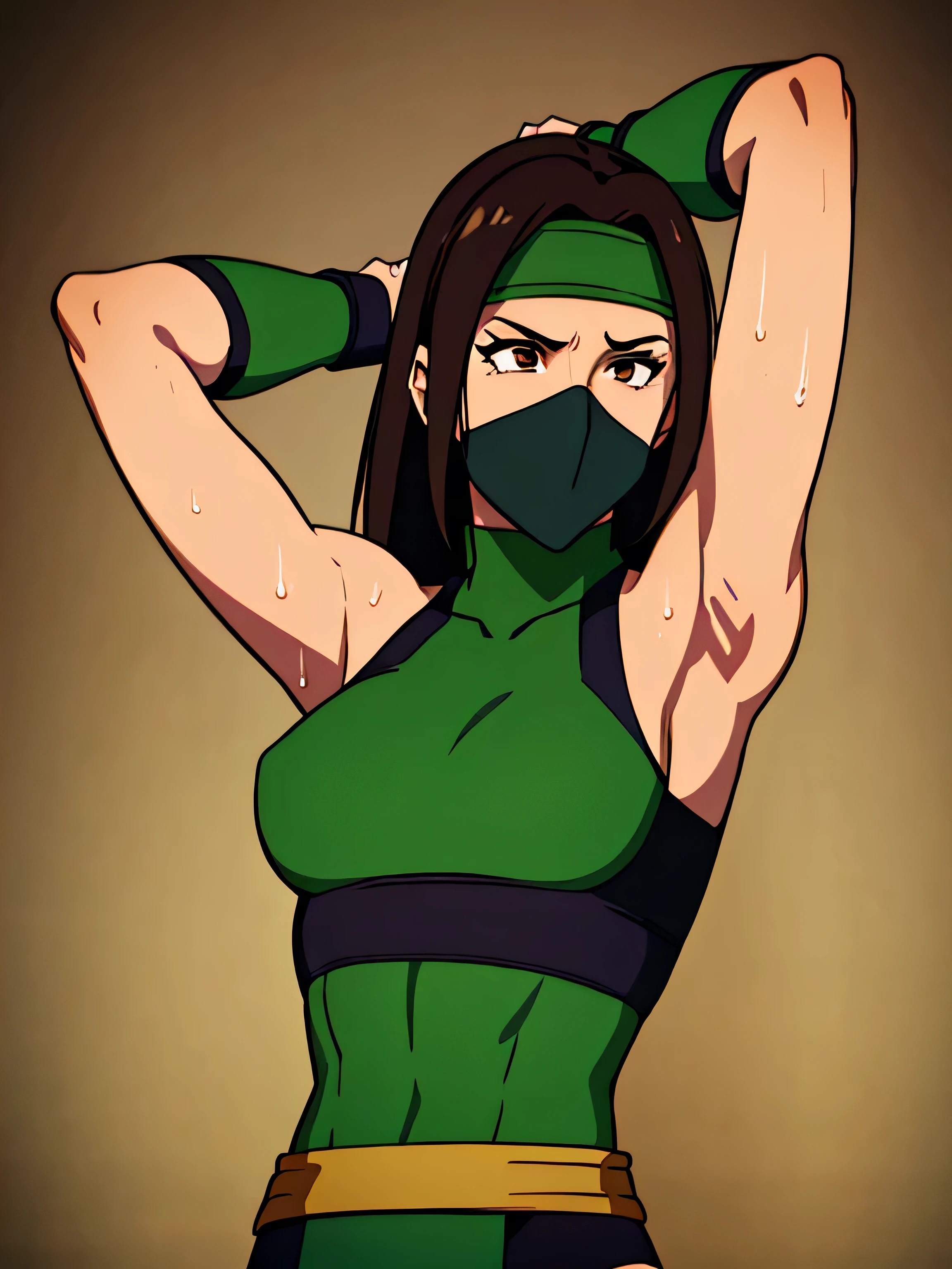 Jade, human woman with wheatish complexion,slightly dark skin, sleeveless.She has brown eyes and blackish blue clothing. Her hair is blackish brown in color; She is beautiful.Tsundere face.,mature appearance,armpits,sweat,sweaty,sweaty armpits,arms up,showing armpits,awesome armpits,outfit,blackish green arm warmers,blackish green arm bands,black arm warmers, wearing Konoha headband,wearing green face mask