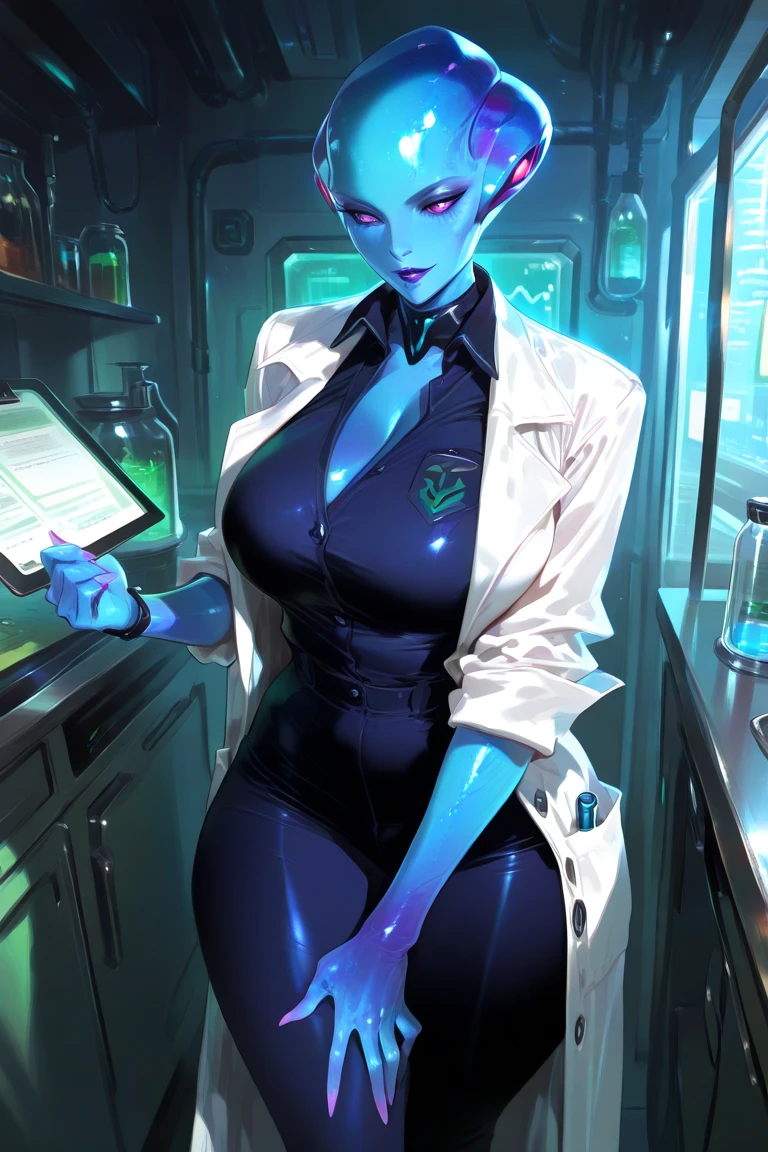 ((an ideal alien woman with a perfect figure, beautiful breasts and hips, she is wearing a tight lab coat, she sits on a chair cross-legged in a beautiful laboratory, Beautiful face)), ((ultra-detailed to the smallest detail, ultra graphics 8k, Best quality, masterpiece))