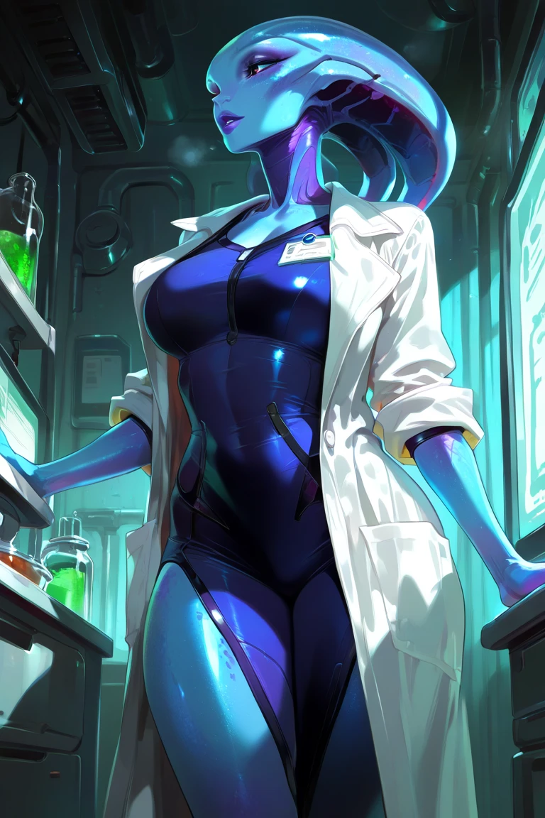 red skin:1.3, blue skin:1.3, twilek, facial markings, white jacket, brown jacket, open jacket, orange top, black top, brown pants, black pants, standing, medium breasts, detailed face and eyes, upper body,
detailed background, cyberpunk, bar, neon lights, dark, highly detailed, best quality, high resolution, 4k, cinematic lighting,
