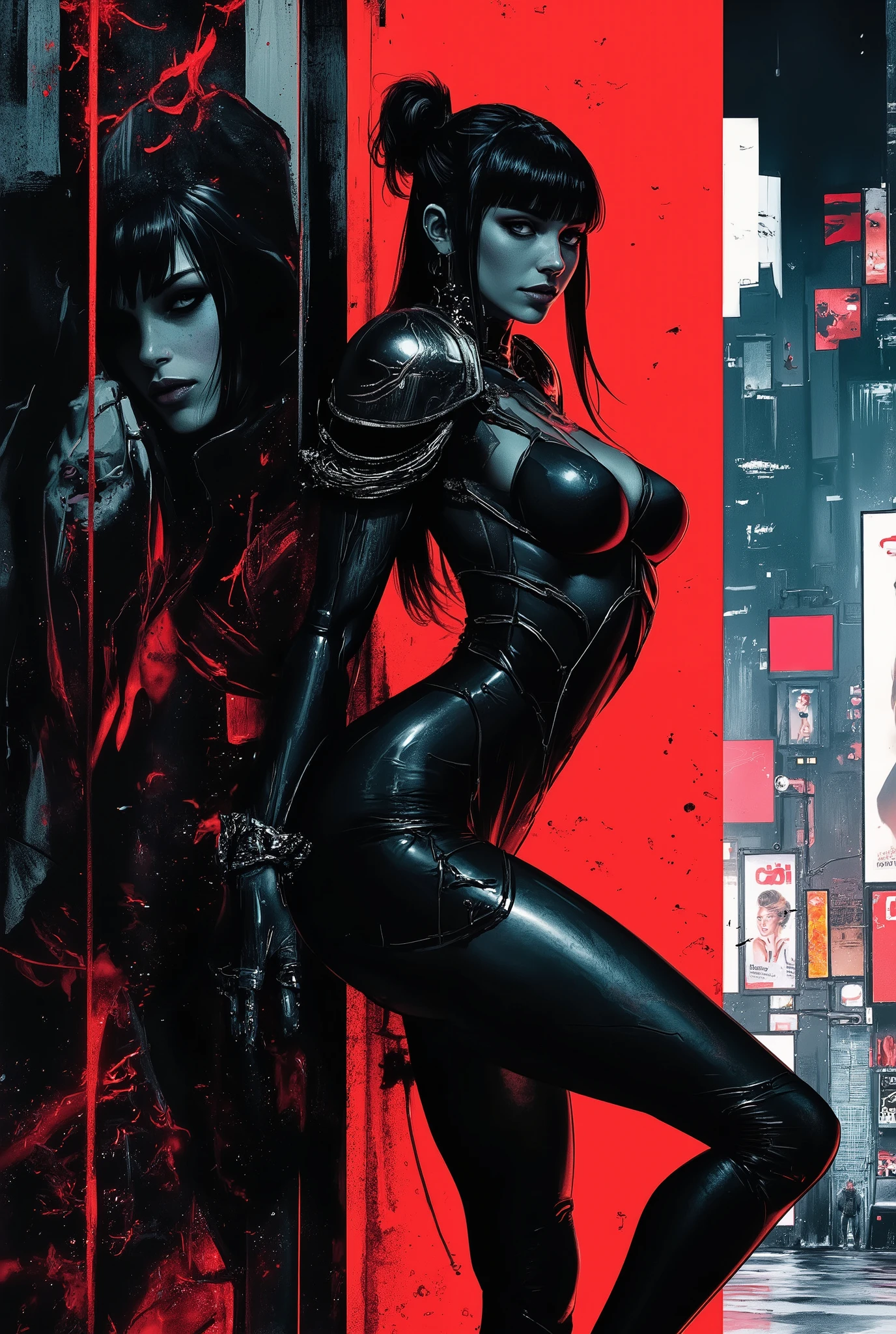 cyberpunk anime style, sci-fi female soldier in skin-tight battle armour, leaning against a wall on a cyberpunk street, with neon signs and large adverts featuring supermodels, red and black colour theme