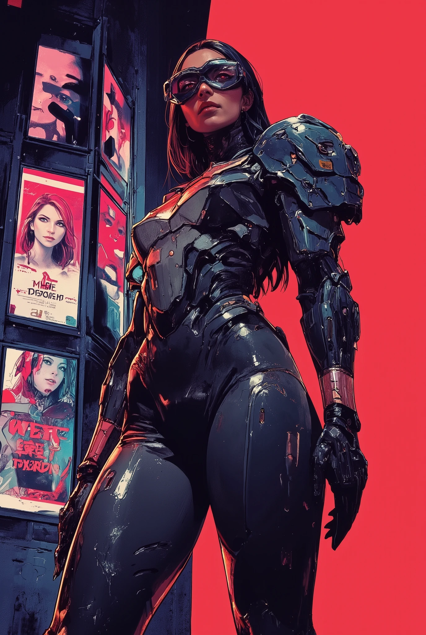 cyberpunk anime style, sci-fi female soldier in skin-tight battle armour, leaning against a wall on a cyberpunk street, with neon signs and large adverts featuring supermodels, red and black colour theme