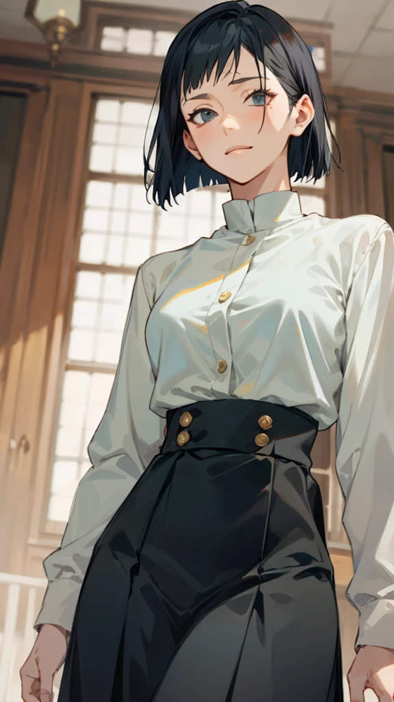 8k, raw camera, highres, detailed, masterpiece, portrait, photorealistic, hyperrealist, aesthetic, beautiful, best quality, highly detaile, best quality clothing, aesthetic clothings, professional angle, rule of thirds, Feminine, delicate, beautiful, 19 years, attractive Japanese, solo, 1 girl, (Asa Mitaka), (In School Classroom ), (Full body), ((From Front) Shallow Depth of Field), -, ((Calm)), (Medium  Hair, Black Hair), (Loose Hair, Bangs, Hair Clip on one Side of the Bangs, Semi Wavy Hair), ((Twin Tails Back)), (Dark Brown Eyes, Open Eyes, Concentrated Gaze), (-, Hands Down Holding Book), (Standing, Mouth Closed Smiling), -, -, (Medium Bust), ((Black Pinafore and White Shirt underneath, Long Sleeves)), (Black Ribbon, Black  Belt, -), (-), beautiful body, beautiful eyes, shiny eyes, shiny hair, beautiful mouth, beautiful lips, beautiful skin, beautiful teeth, perfect teeth, beautiful face