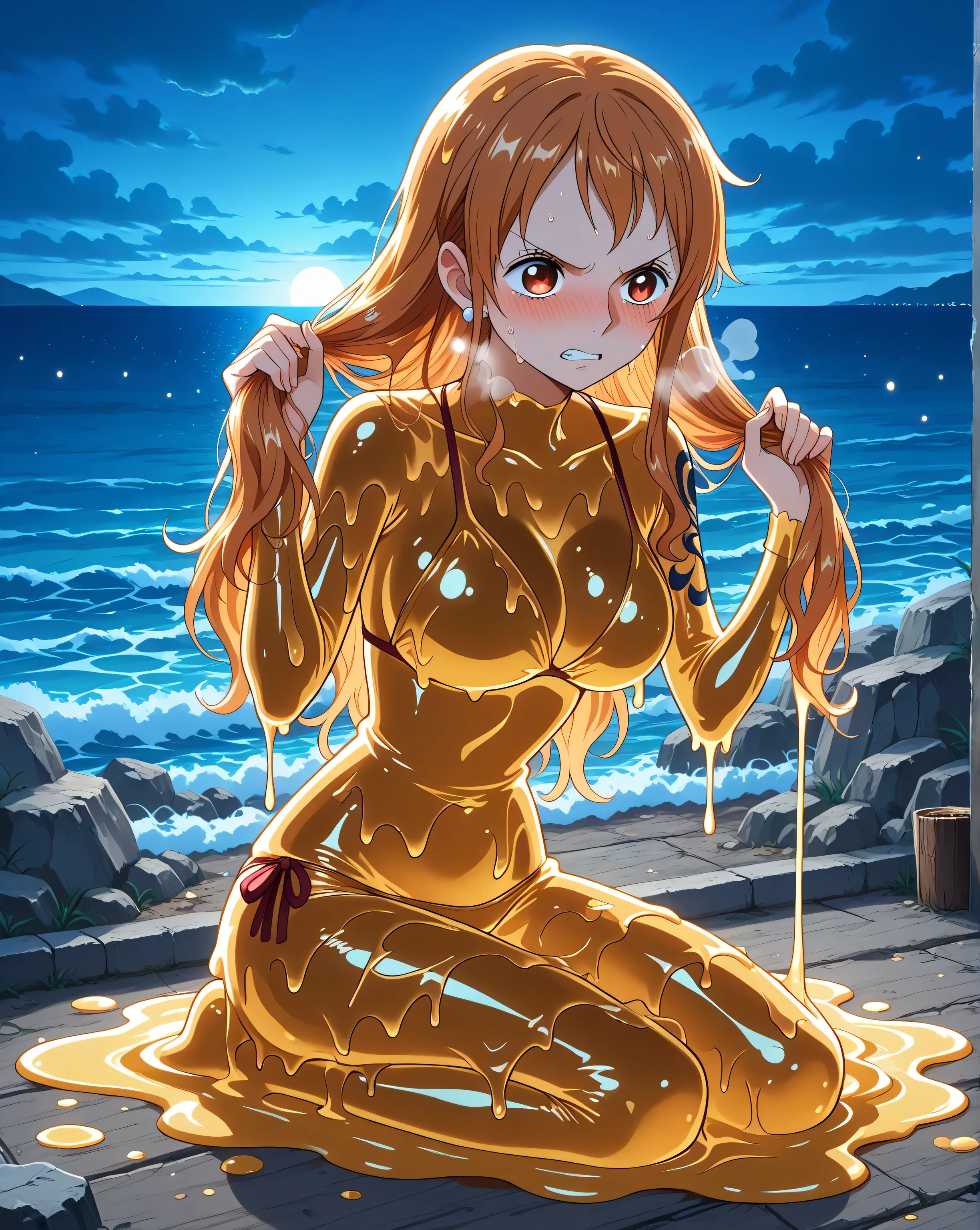 (1woman, alone, Nami, angry eyes, Nami outfit:1.0, pulling her own hair strongly, blushing, heavy breathing, translucent:1.0, melt, melting, fully melted:1.0, transformation, melt into a puddle:1.0, melting hair,), orgasming, shuddering, exaggerated pose, full body, incredible lighting, volumetric light, HDR, incredible ocean in background