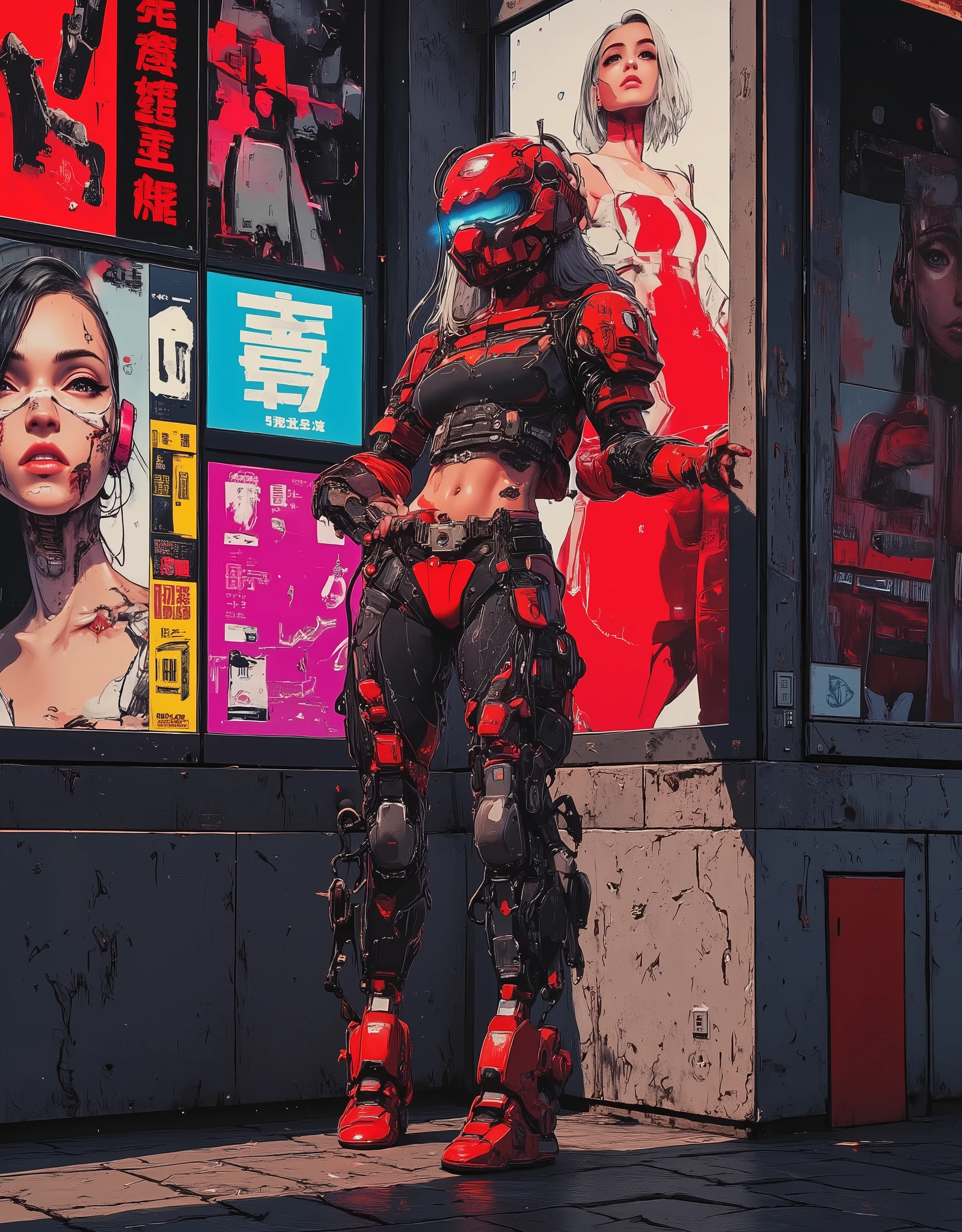 cyberpunk anime style, sci-fi female soldier in skin-tight battle armour, leaning against a wall on a cyberpunk street, with neon signs and large adverts featuring supermodels, red and black colour theme