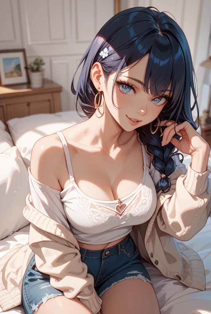 ((best quality)), ((masterpiece)), (detailed)1girl,cute,Baby Face,sexly,sweater:4.0,Belly button,Shoulder,open clothes
