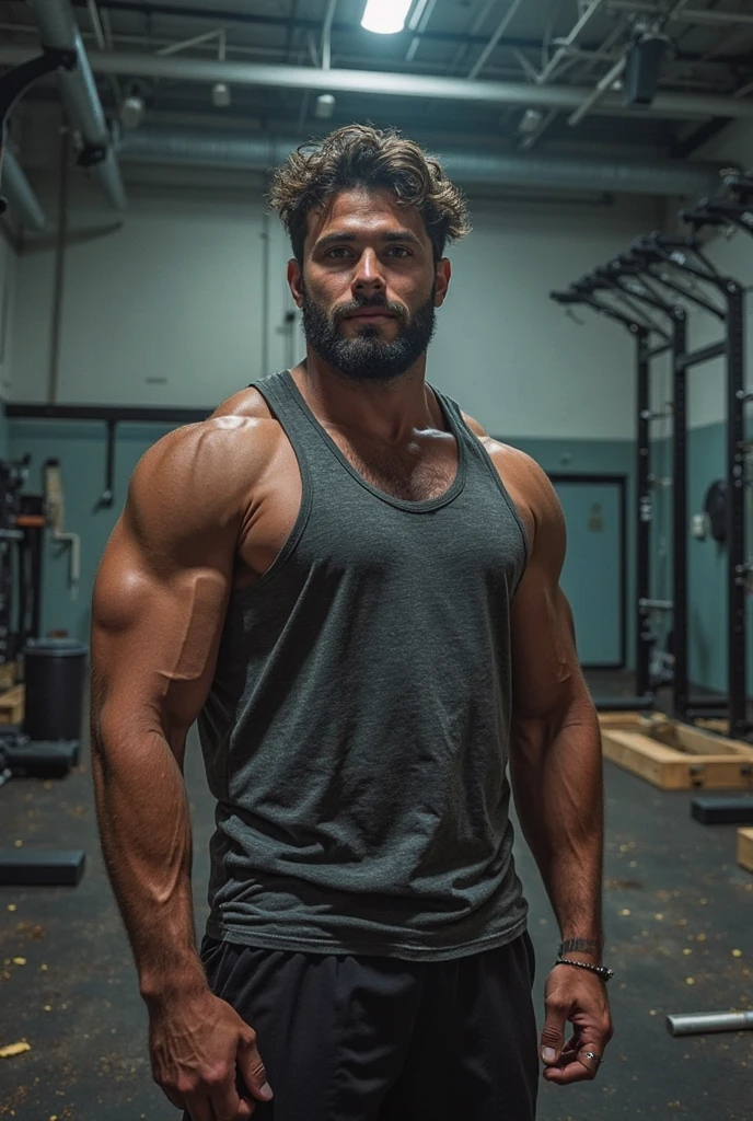 Sweaty sexy muscular man standing in a gym locker room flexing in front of a mirror. He has taken his shirt off and pushed his sweatpants down to his ankles. He is only wearing tight boxer briefs that show his penis bulge plainly. He is flexing in front of the mirror and groaning. Other men are looking at him from afar.