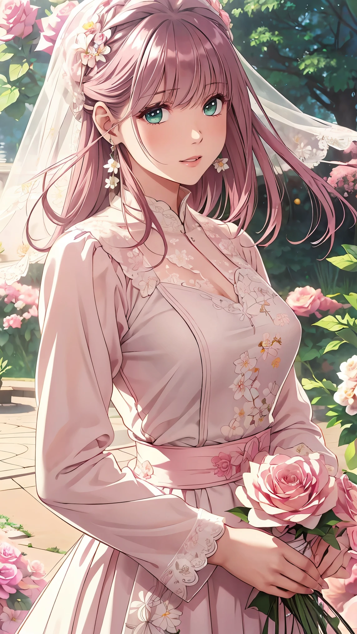 (masterpiece, best quality, best quality, Official Art, Beautiful aesthetic:1.2), green eyes, (best quality, masterpiece painting:1.3), Immature woman, , (bust), masterpiece, ultra high resolution, (((wedding veil, lace trim dress, transparent, Wedding Dress, Outdoors, White Rose, (long sleeve:1.2), Pink Bow,))), Decorative panel, Abstract art, (taken from a side angle), (photorealistic:1.0), ((pale pink hair)), straight hair , beautiful and shiny hair, white radiant skin , painterry, sketch, texture, ultra high resolution, solo, beautiful woman in silya room, very detailed, (fractal art:1.1), (colorful:1.1), (Floral:1.6), most detailed, ( zentangle :1.2), (dynamic pose with well-shaped nipples), (abstract background:1.3), (shiny skin under clothing), (Many colors:0.8), (earrings:1.4), (feather:0.9), Taisho Romance,