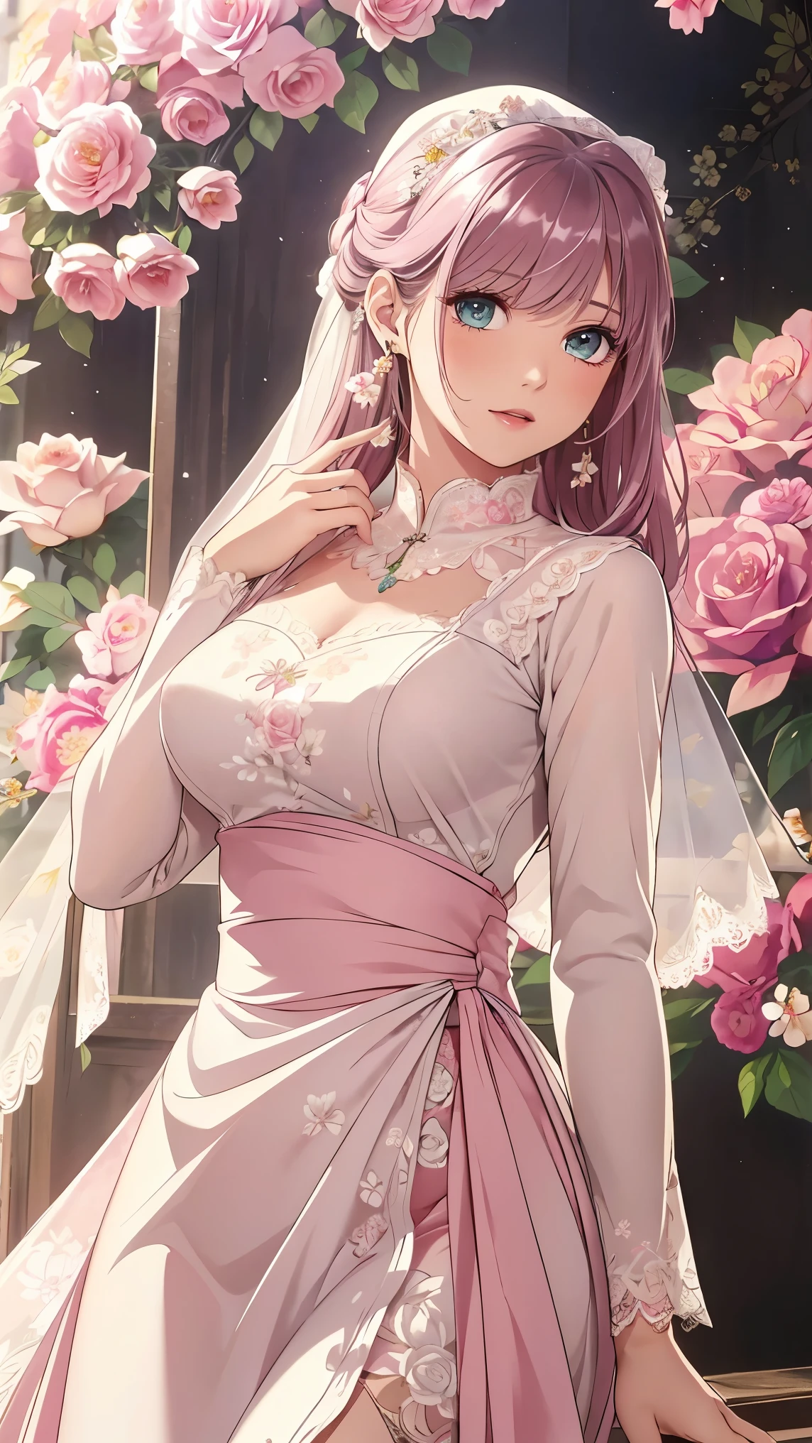(masterpiece, best quality, best quality, Official Art, Beautiful aesthetic:1.2), green eyes, (best quality, masterpiece painting:1.3), Immature woman, , (bust), masterpiece, ultra high resolution, (((wedding veil, lace trim dress, transparent, Wedding Dress, Outdoors, White Rose, (long sleeve:1.2), Pink Bow,))), Decorative panel, Abstract art, (taken from a side angle), (photorealistic:1.0), ((pale pink hair)), straight hair , beautiful and shiny hair, white radiant skin , painterry, sketch, texture, ultra high resolution, solo, beautiful woman in silya room, very detailed, (fractal art:1.1), (colorful:1.1), (Floral:1.6), most detailed, ( zentangle :1.2), (dynamic pose with well-shaped nipples), (abstract background:1.3), (shiny skin under clothing), (Many colors:0.8), (earrings:1.4), (feather:0.9), Taisho Romance,