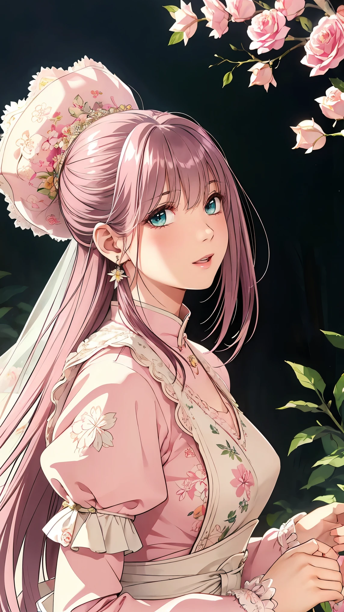 (masterpiece, best quality, best quality, Official Art, Beautiful aesthetic:1.2), green eyes, (best quality, masterpiece painting:1.3), Immature woman, , (bust), masterpiece, ultra high resolution, (((wedding veil, lace trim dress, transparent, Wedding Dress, Outdoors, White Rose, (long sleeve:1.2), Pink Bow,))), Decorative panel, Abstract art, (taken from a side angle), (photorealistic:1.0), ((pale pink hair)), straight hair , beautiful and shiny hair, white radiant skin , painterry, sketch, texture, ultra high resolution, solo, beautiful woman in silya room, very detailed, (fractal art:1.1), (colorful:1.1), (Floral:1.6), most detailed, ( zentangle :1.2), (dynamic pose with well-shaped nipples), (abstract background:1.3), (shiny skin under clothing), (Many colors:0.8), (earrings:1.4), (feather:0.9), Taisho Romance,